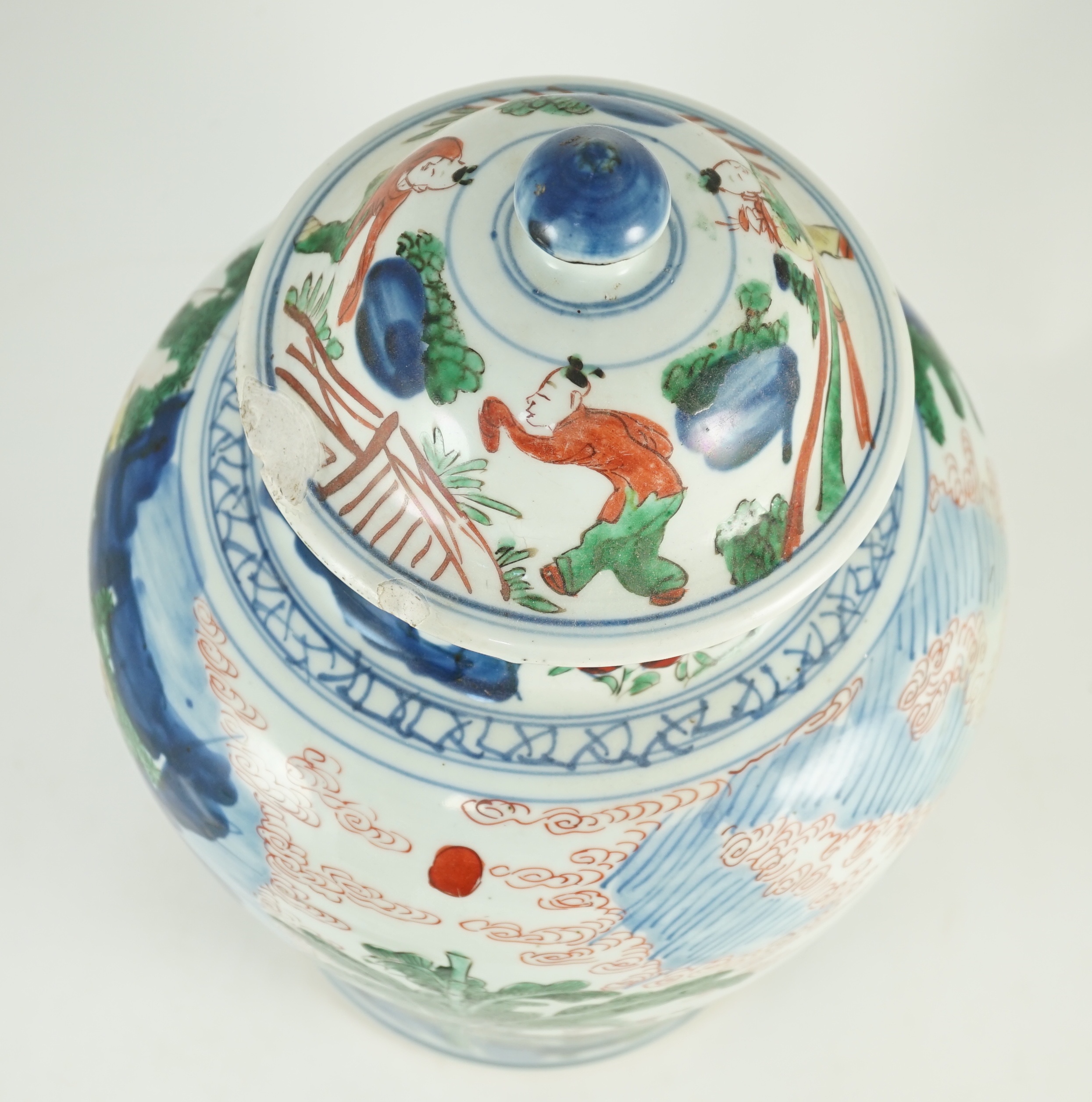 A Chinese Transitional wucai 'boys' vase and cover, c.1640, 41cm high